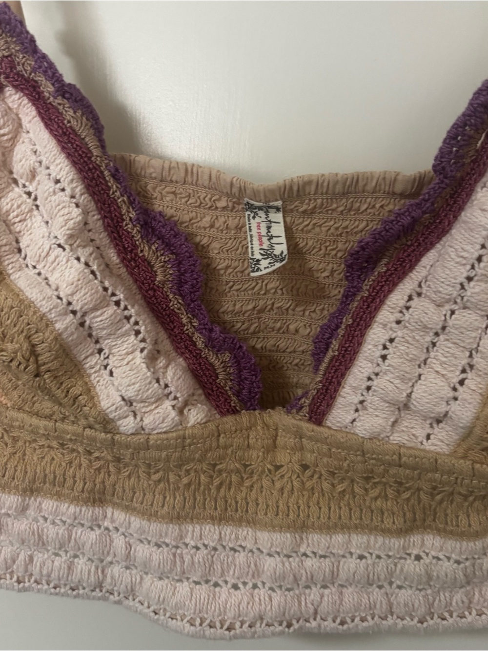 Crochet Lace-Trim Camisole Bralette in Cream and Purple - Picture 4 of 10